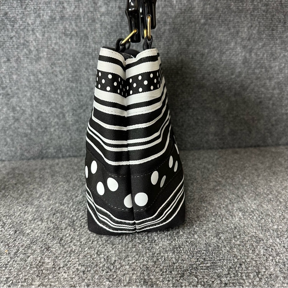 Vintage Tianni hand bag bamboo top handles black and white grosgrain ribbon 8x10 - Picture 2 of 13